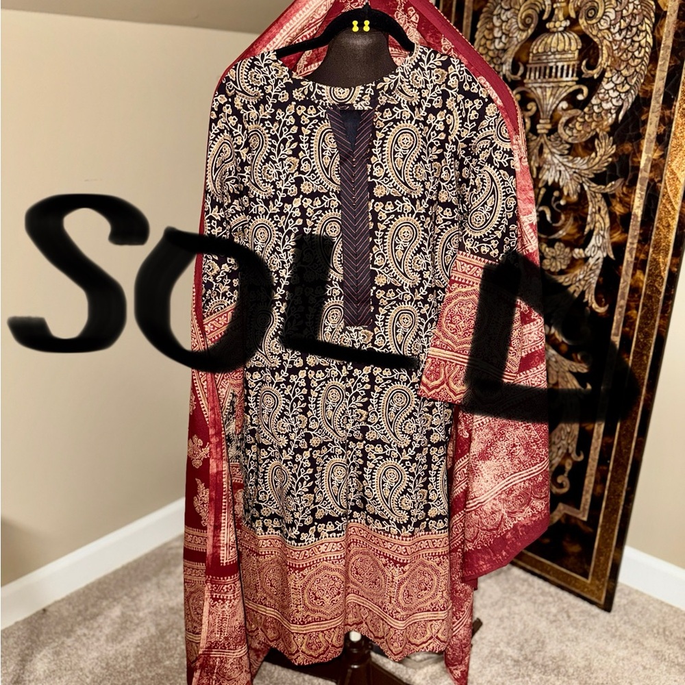 Pakistani Ajrak 3 piece  Black and Red